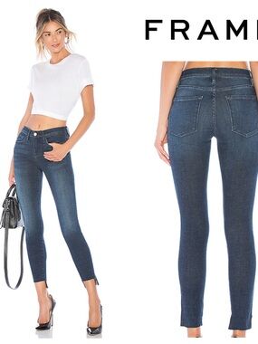 Frame Le Skinny de Jeanne Stepped Raw Dagger Cropped Jeans in Dark Blue Wash